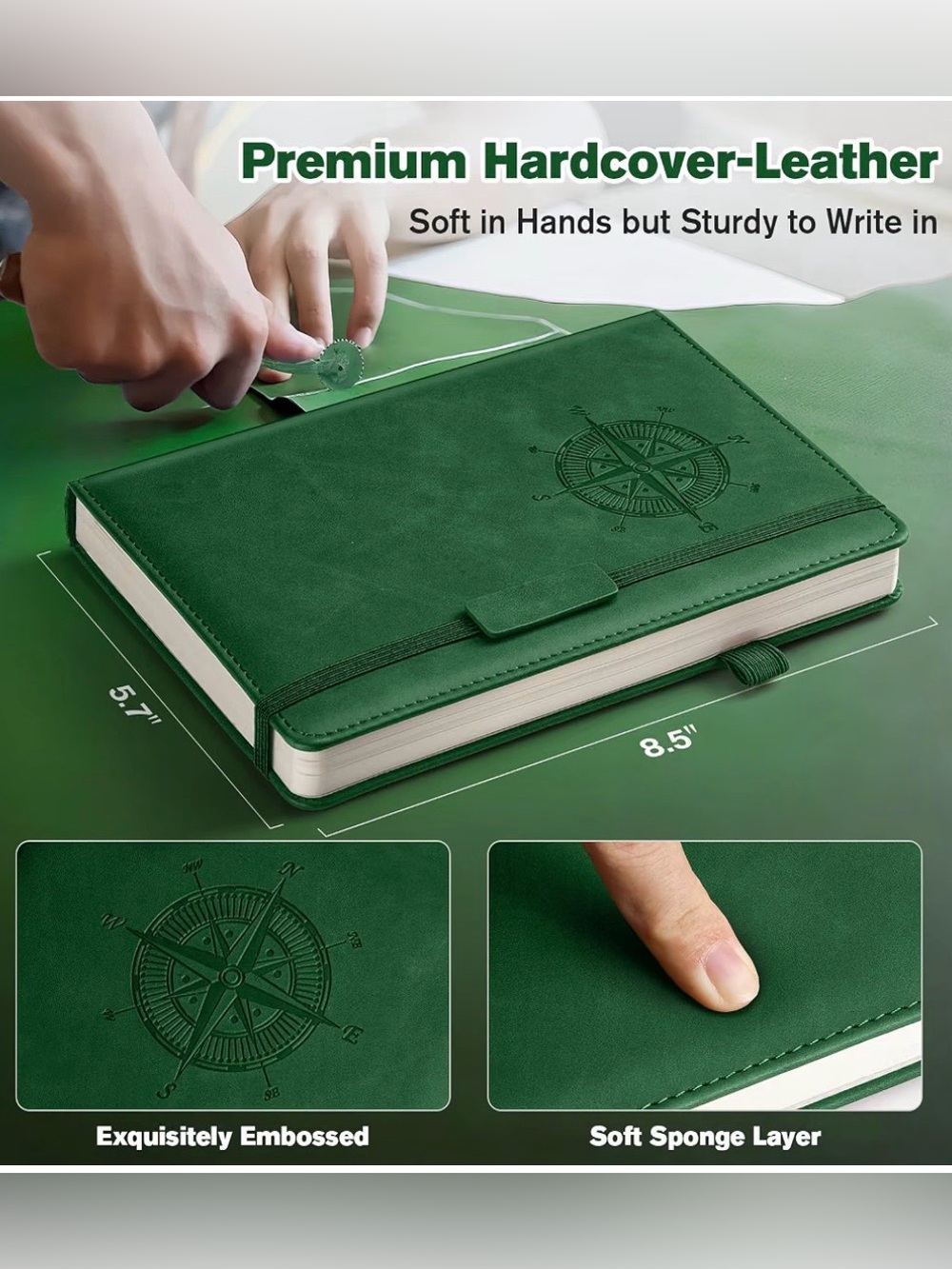 Emerald Green Leather Hardcover Journal Embossed Compass College Ruled NWT - Picture 4 of 11